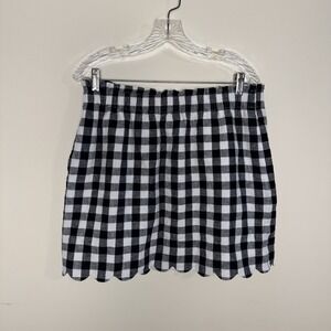 J Crew Women's Sz 12 Linen Blend Black White Gingham Mini Skirt Scalloped Edge